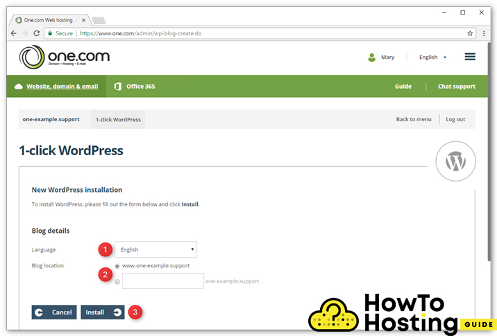 one.com hosting 1-click WordPress installer image