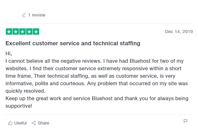 Bluehost hosting customer opinion trustpilot
