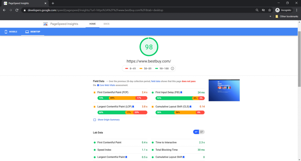 pagespeed insights website performance report