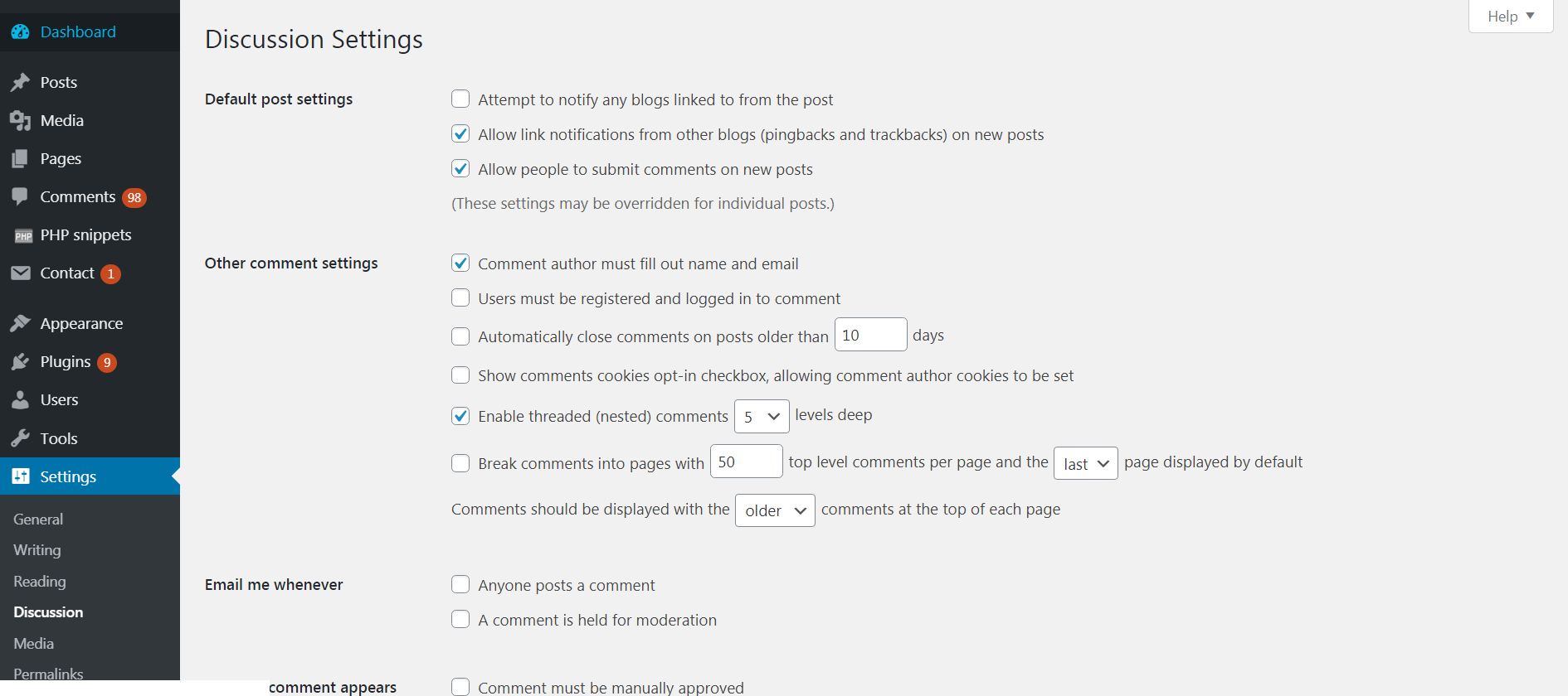 discussions settings in wordpress