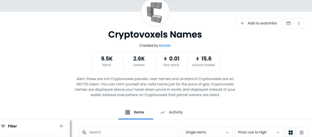 cryptovoxels-names nft domain sellers