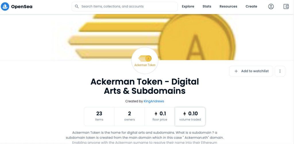 Ackerman Token NFT Domain Seller